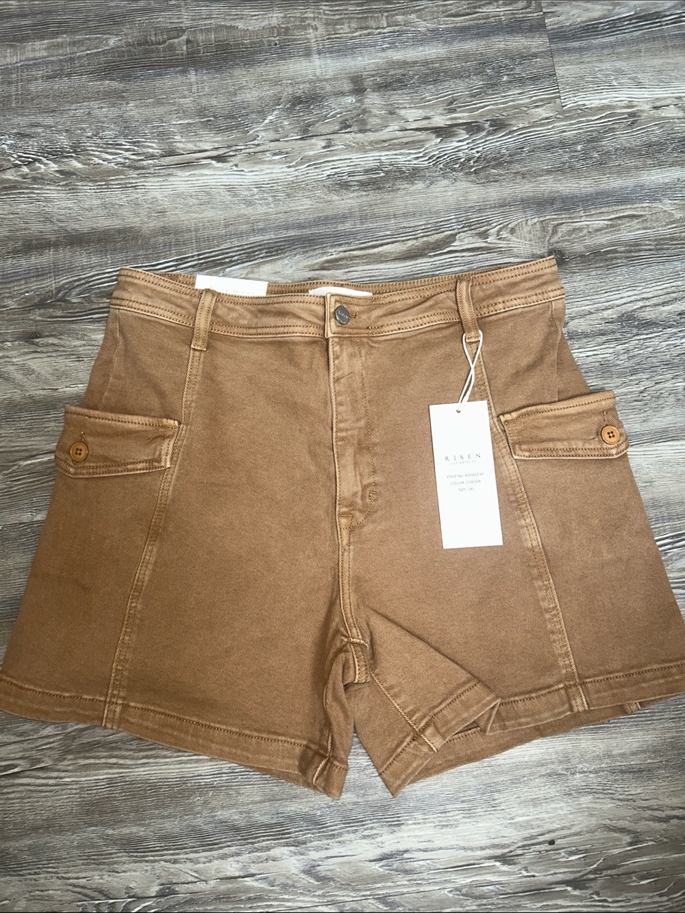 Risen denim Utility-Style High-Rise Jean Shorts in Brown